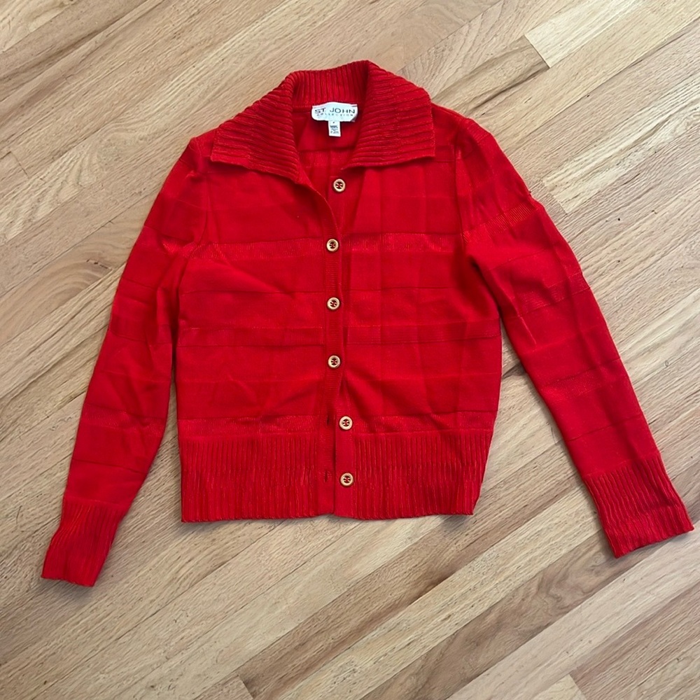 St John Collection red sweater cardigan w nautical gold buttons